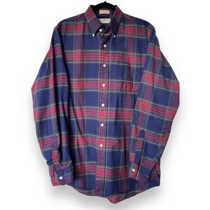 Vintage Lands End Men’s Blue Red plaid Cotton Blend Button Up long sleeve Shirt